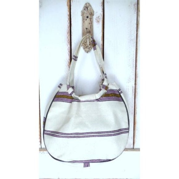 Vintage ivory striped cotton boho hippie shoulder bag - Picture 2 of 5